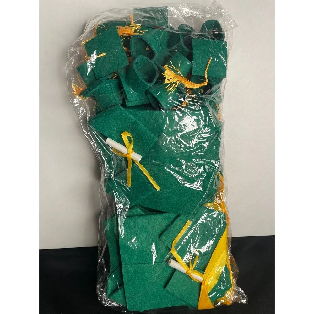 Graduation Party Favor Felt‎ Cap, Gown, & Diploma Supplies Green Gold 24pcs